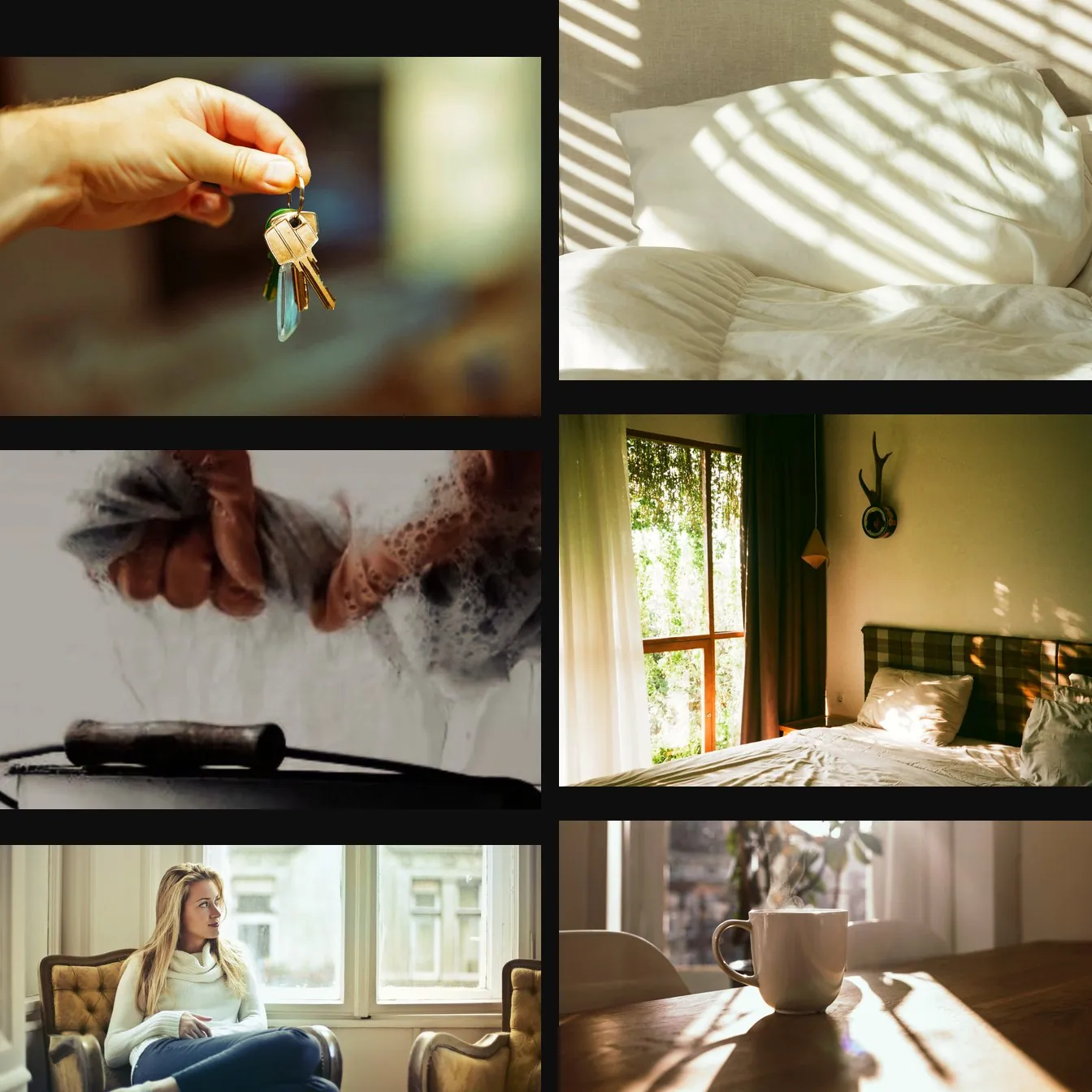 Collage: keys in hand, hands wringing a cloth over a bucket, a calm armchair, sunlight on fresh bedding, a made bed, coffee in the morning light